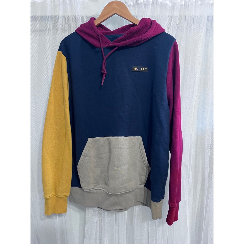 Hurley Mens Colorblock Fleece Hoodie Navy Maroon Yellow Tan Large Pullover‎